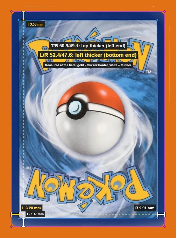 ACE's image of the back of a Mew V's slab with the measured card edges and the inner edge of the blue border drawn on it, and the back's ratios