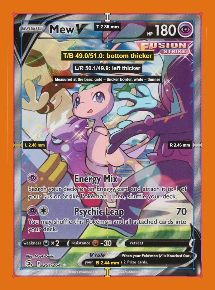 ACE's image of a Mew V with the measured card edges and printed borders drawn on it, the thicker and thinner border of each pair marked, and the ratios