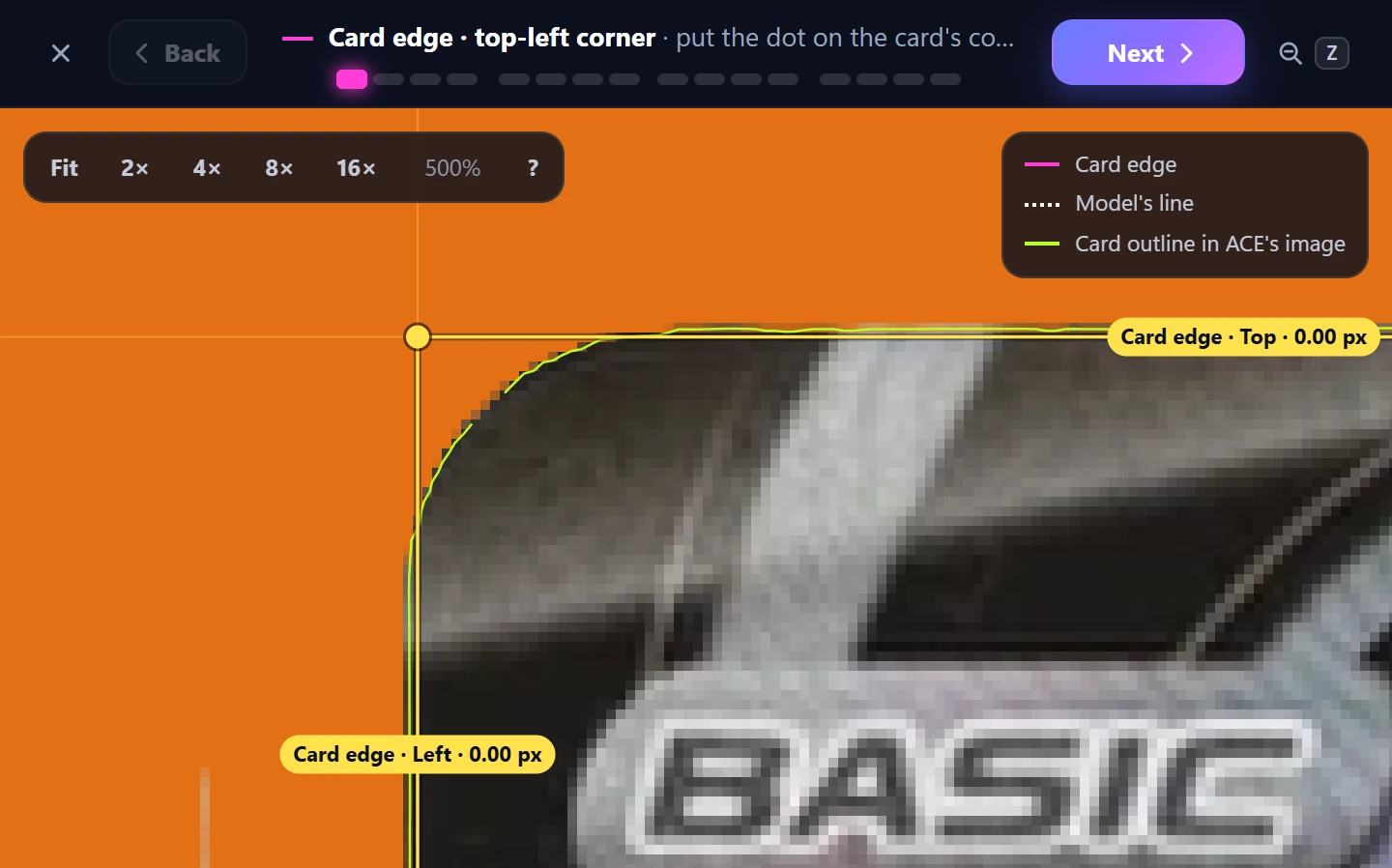 The Adjust editor zoomed in on a card's corner, with its round of the card's corners and middles